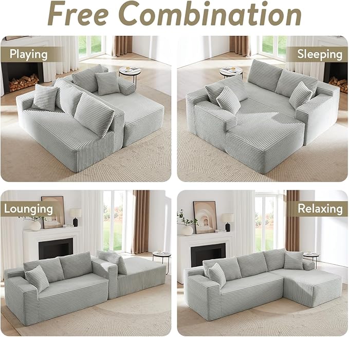 Modular Cloud Sectional Couch with L-Shape Chaise,Modern Upholstered Couches with Deep Seat,Corduroy Sponge Compressed Sofa for Living Room, Bedroom,No Assembly Required(Light Gray)