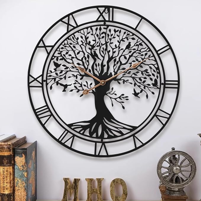 Tree of Life Wall Clock, 24Inch Metal Black Family Tree Oversized Wall Clocks for Living Room Bedroom Home Decor, Modern Silent Mid-Century Battery Operated