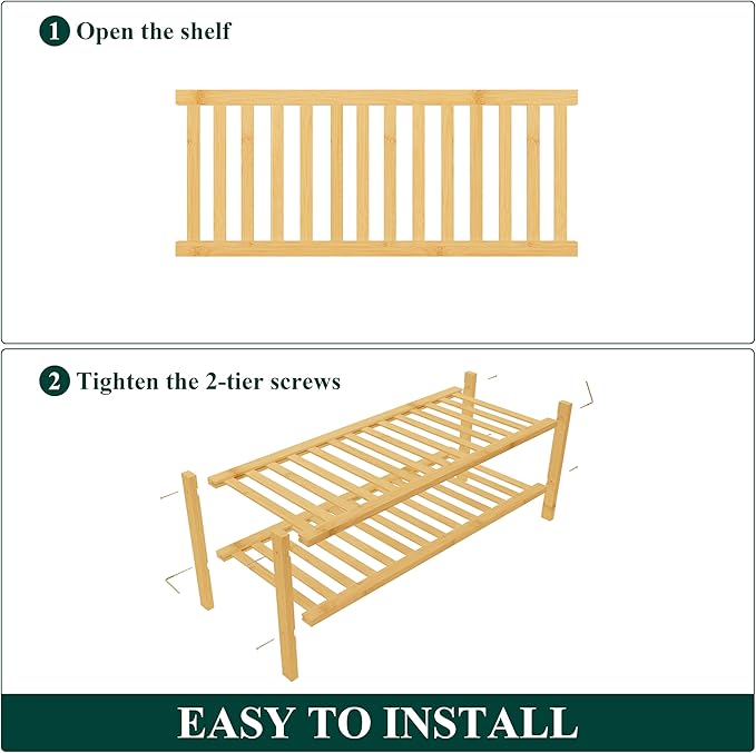 Smiry Shoe Rack, 2 Tier Thick Bamboo Shoe Organizer, Stackable Free Standing Wooden Shoe Storage Shelf for Closet, Entryway, Front Door Entrance, Natural