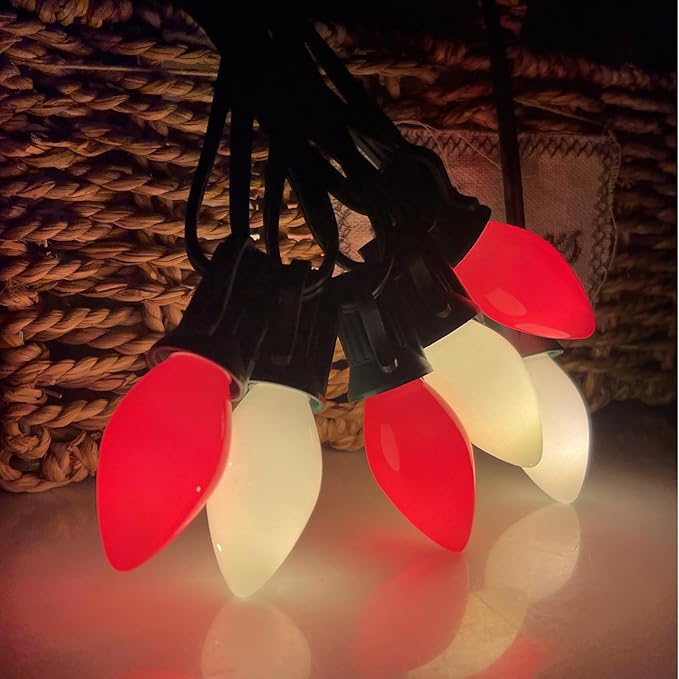 C7 Christmas String Lights 25 Feet Outdoor String Lights with 27 5W Red White Glass Bulbs(2 Spare), Connectable Hanging Christmas Lights for Backyard Patio Balcony Party Xmas Decor, Green Wire