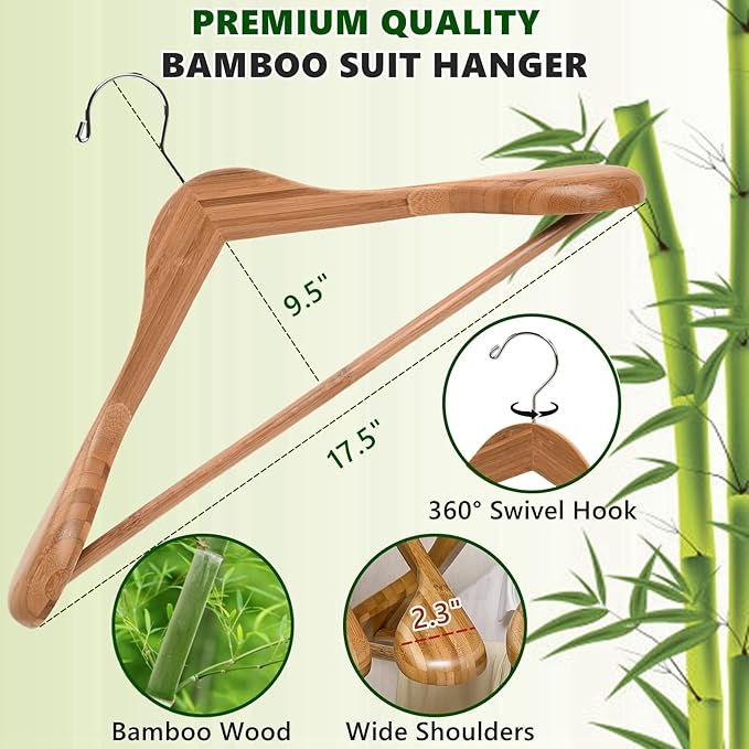 Amber Home 6 Pack Natural Wide Shoulder Bamboo Wooden Suit Coat Hangers, Bamboo Clothes Hangers with Pants Bar, Heavy Duty Bamboo Jacket Hangers for Dress, Pants, Heavy Clothes