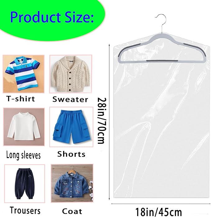 20 Pack (18x 28In) Plastic Clear Clothes Covers,For children's clothes，Dry Cleaners Bags Hanging Clothing Covers Clear Garment Bags Hanging Dust-proof Clothing Protector Covers.