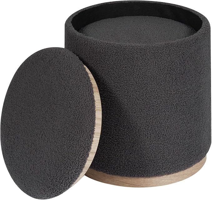 PINPLUS Round Ottoman with Storage Set of 2, Storage Ottoman with Tray, Teddy Velvet Ottoman Storage Modern Multifunctional Foot Rest Stool for Bedroom, Living Room, Dorm (Dark Grey)
