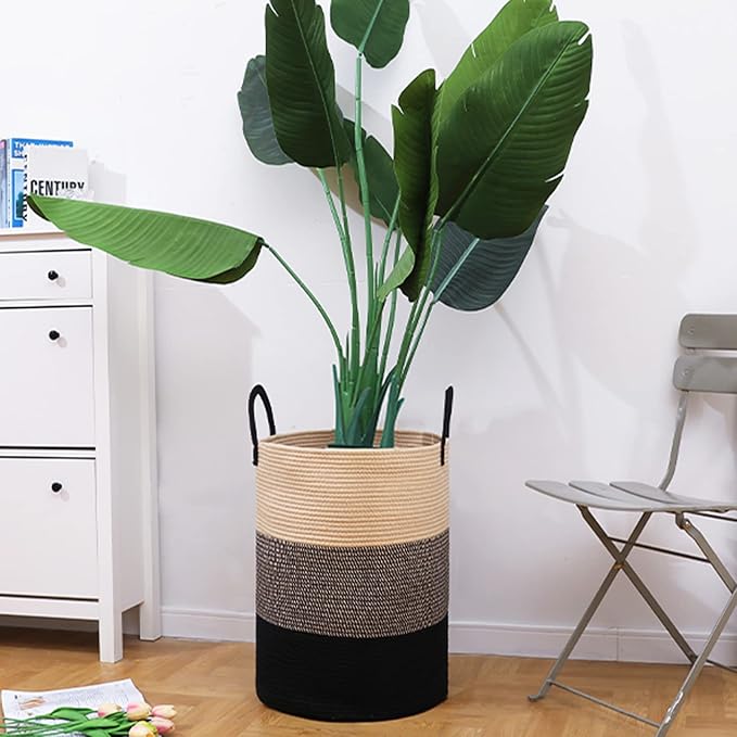 VIPOSCO Large Laundry Hamper, Tall Woven Rope Storage Basket for Blanket, Toys, Dirty Clothes in Living Room, Bathroom, Bedroom - 72L Brown & Black