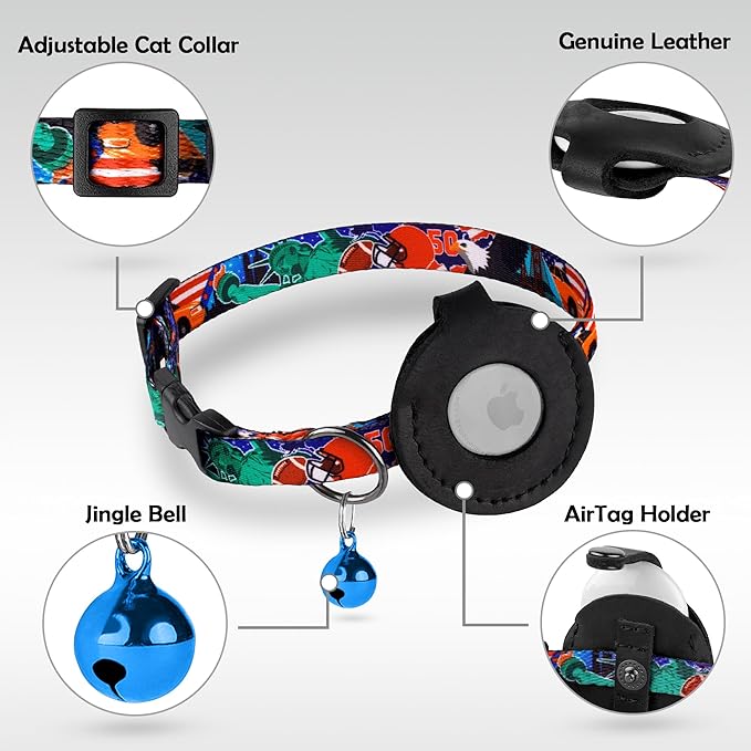 Airtag Cat Collar with Bell - Non Breakaway Soft Pet Collar with Leather Air Tag Holder - Adjustable GPS Anti-Lost Collars for Girl Boy Cats Kitten Puppies, Lightweight and Patterned (USA)