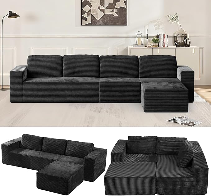 136" Modular Sectional Sofa with L-Shape Chaise, Right/Left Facing Deep Seat Cloud Couch, No Assembly Required, Upholstered Couch for Living Room Bedroom (Black, Plush Corduroy Fabric)