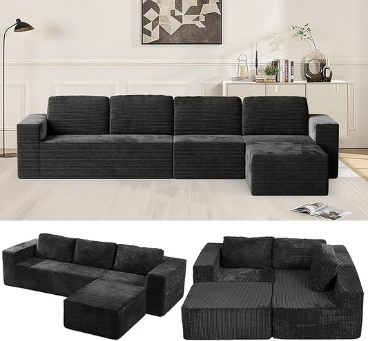 136" Modular Sectional Sofa with L-Shape Chaise, Right/Left Facing Deep Seat Cloud Couch, No Assembly Required, Upholstered Couch for Living Room Bedroom (Black, Plush Corduroy Fabric)