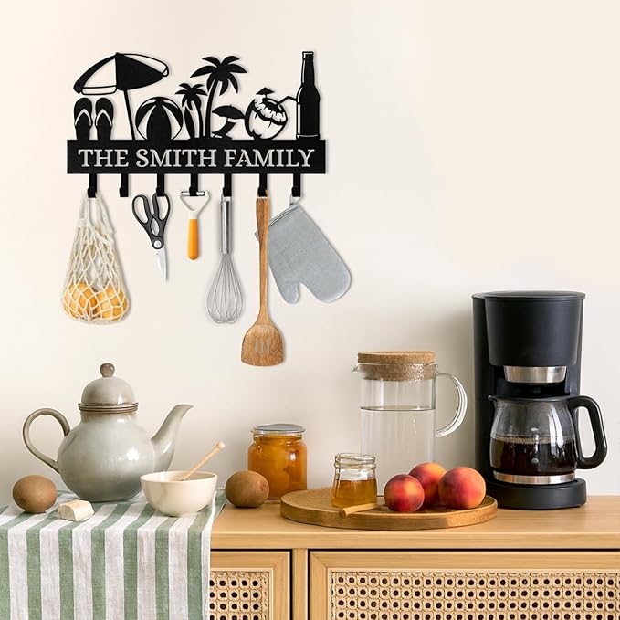 Personalized Key Holder for Wall, Beach Theme Key Holder Wall Mount with Hooks, Coconut Trees Key Hanger Wall Decor for Pool Bathroom Hallway Entryway Office, Customized Home Decor Gifts Color04