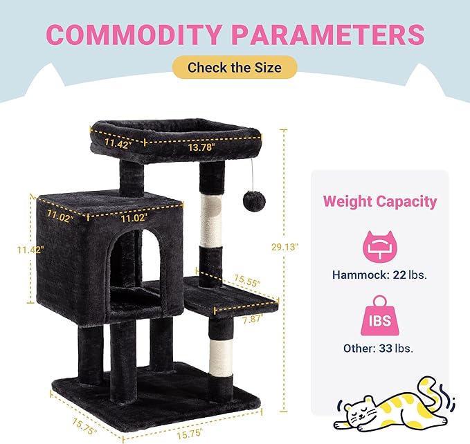 Allewie 29 Inches Cat Tree Tower/Plush Perches Platform/Condo/House/Sisal Scratching Posts/Multi-Level Activity Center Furniture for Kittens/Dark Grey