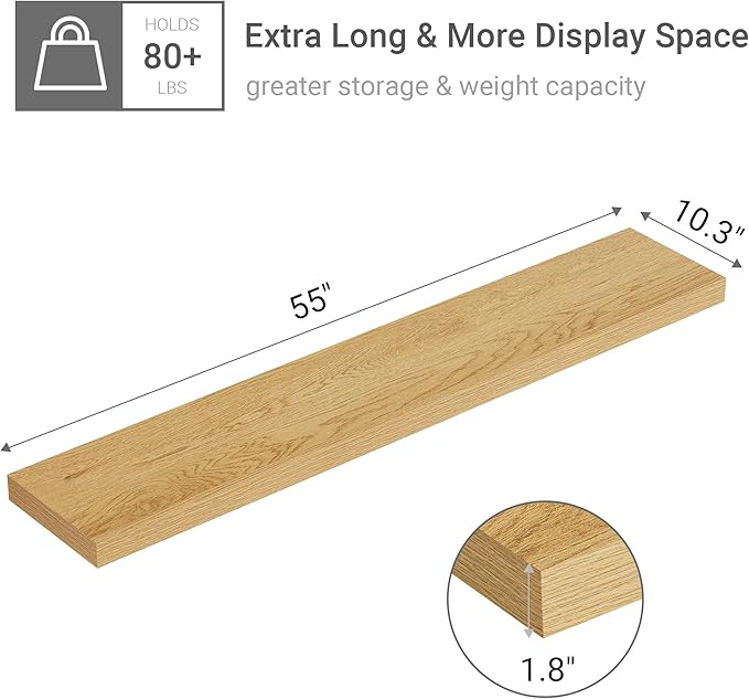 Vivelove 55 inch Long Floating Shelves for Wall, 10.3" Deep & Thicker Storage Shelf for Living Room, Kitchen, Farmhouse,Wall Shelves with Invisible Brackets,Set of 1, Oak