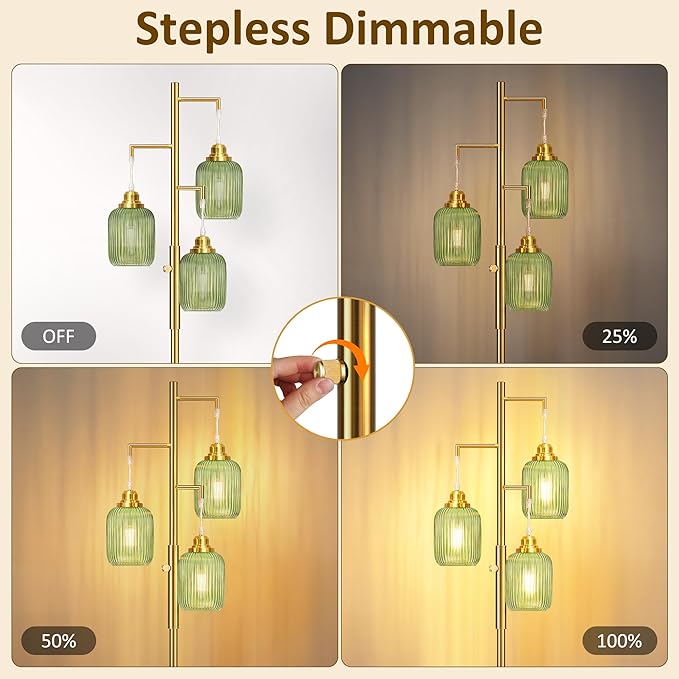 Rottogoon Dimmable Gold Floor Lamp for Living Room- 3 Light Green Glass Floor Lamps, Vintage Brass Tree Floor Lamps with 3X 6W LED Bulbs, Modern Standing Tall Lamp for Bedroom, 68", Gold & Green Glass