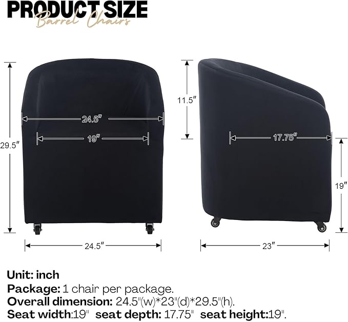 Black Barrel Dining Chairs Swivel on Casters Set of 2, Modern Velvet Upholstered Dining Room Chairs with Arms Back Accent Side Chairs for Bedroom Living Room Kitchen