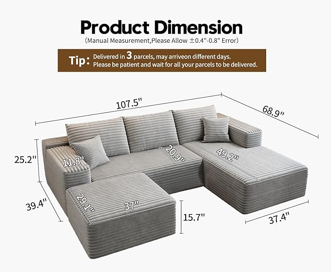 107.5" Cloud Modular Sectional Couch with 1 Ottoman,Modern Minimalist Upholstered Couches, Comfort U Shaped Sofa for Living Room,Deep Seat Corner Couch，No Assembly Required (Grey,Right Facing Chaise)