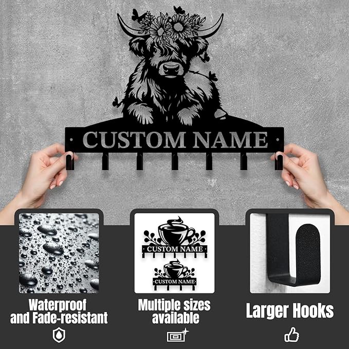 Personalized Highland Cow Metal Keys Hooks,Custom Name Metal Highland Cow Keys Hooks,Black Metal Highland Cow Wall Home Storage Decorative Keys Hooks,Key Holder Hooks for Wall (Style F)