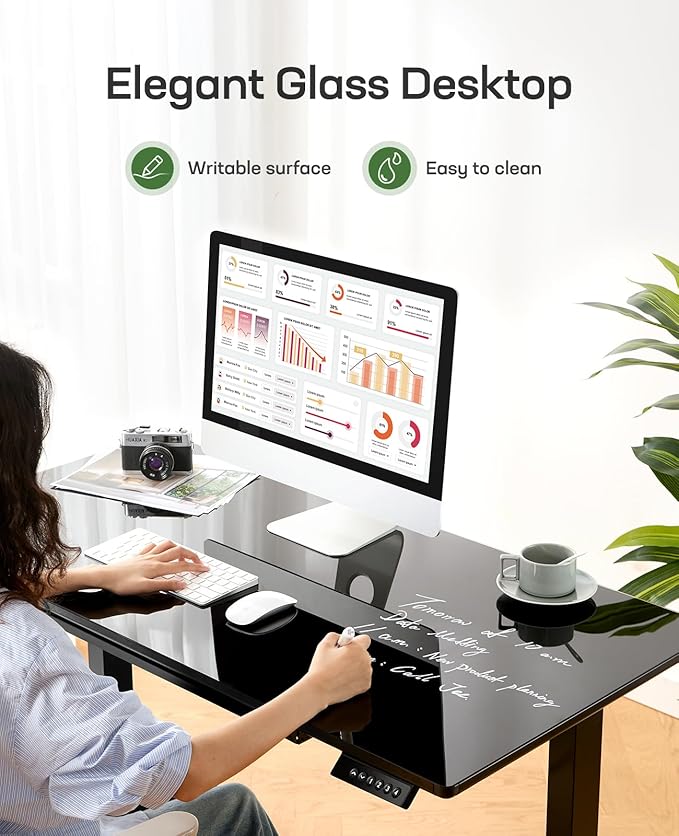 Marsail Glass Electric Standing Desk with Drawer, 48 x 24 Inches Height-Adjustable Desk, One-Piece Tempered Glass Top, Ergonomic Home Office Sit Stand Desk with 4 Preset Heights, Black
