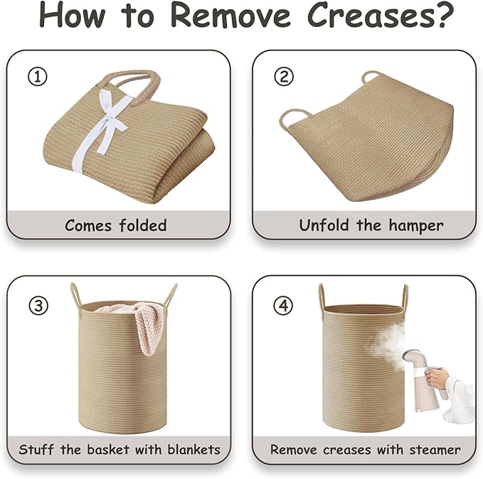 VIPOSCO Large Laundry Hamper, Tall Woven Rope Storage Basket for Blanket, Toys, Dirty Clothes in Living Room, Bathroom, Bedroom - 72L Jute