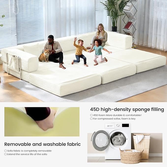 Folding Sofa Bed Convertable Corduroy Couch King Size Floor Sleeper 4-in-1 DIY Combination Modular Sofa Fold Out Futon Lounge Comfy Foldable Lazy cama for Living Room (Off-White)