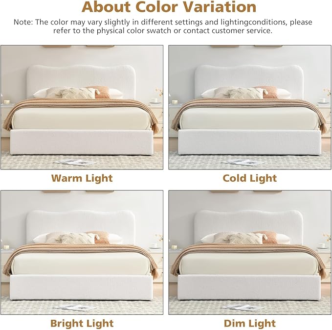 VELOCAVA Queen Size Upholstered Bed with 4 Storage Drawers, Modern Upholstered Bouclé Platform Frame with Curved Headboard, Sturdy Wood Slats, Rounded Corners, No Box Spring Needed, Cream White