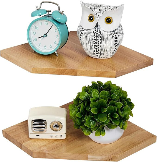 Corner Wall Shelves, Corner Floating Shelves Set of 2 Solid Oak Wood Display Shelf with Wire Hole Small Plant for Kitchen Living Room Natural