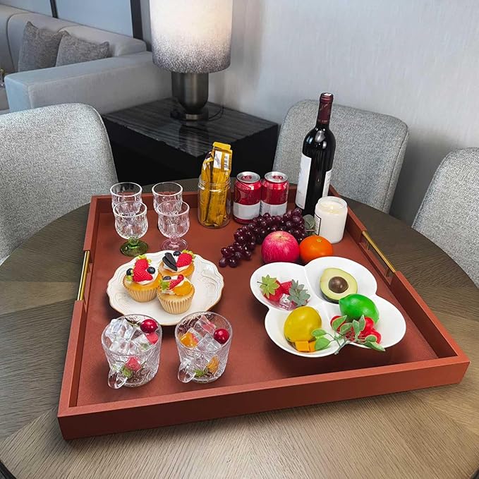 24x24 Inches Extra Large Brown Faux Leather Wrapped Wood Ottoman Tray with Golden Handles for Serving Food and Breakfast On Bed Square Coffee Table Organizer Home Decor and Decorative