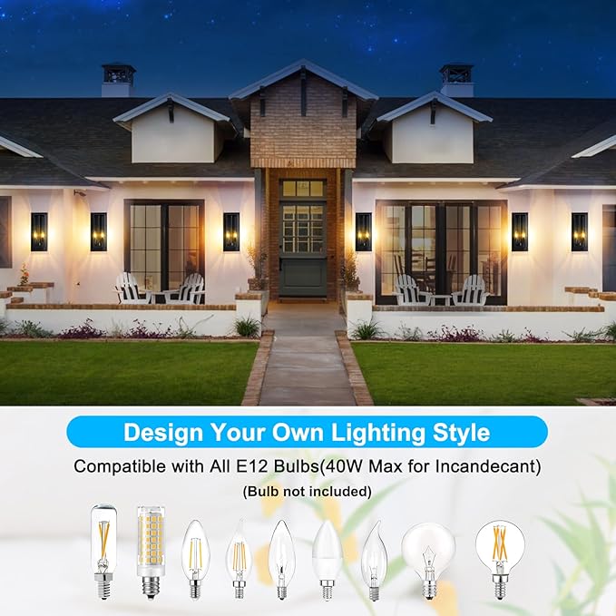 2-Pack Large Outdoor Wall Lanterns, 18” Exterior Waterproof Rectangular Sconce with Glass Shades, Matte Black Porch Lights, Anti-Rust 2-Light Modern Light Fixtures for Patio Garage Entryway Front Door