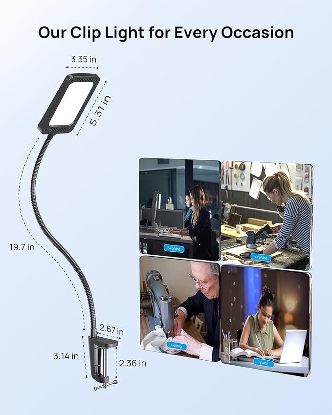 TROND LED Desk Lamp with Clamp, 1000LM Super Bright 3-Level Dimmable Desk Light 6000K Daylight, Extra-Long Flexible Gooseneck Clip on Light, Eye-Care Clamp Lamp for Painting, Workbench,Reading