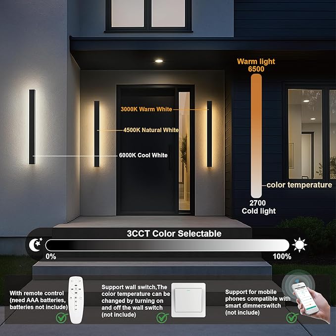 92.5 Inch Outdoor Wall Lights Set of 2, 3000-6000K Linear Modern Wall Sconce IP65 Waterproof, 3CCT Color Selectable Exterior Wall Lights with Remote Outside Wall Light Fixture