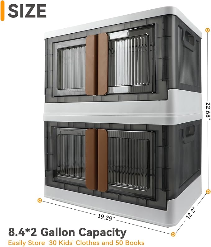 Storage Bin, Plastic Cabinet, 8.4 Gallon Capacity (32L Per One), 2 Pack, Collapsible Box with Lids, Foldable Drawer, Transparent, Organizers for Home and Office
