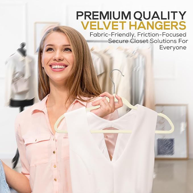 Premium Velvet Hangers 30 Pack Ultra Thin Non Slip Adult Felt Space Saving Suit Hanger for Closet Heavy Duty Coat Pants Jackets Dress Hangers 360° Swivel Hook Hold Upto 10 lbs Ivory