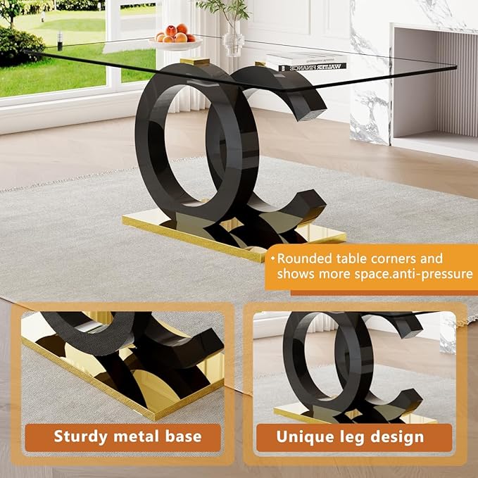 63'' Glass Dining Table Set for 4, Kitchen Table Chairs Set of 4, Clear Glass Dining Table with Black unique design Leg and Gold Metal Base, 4 PU Dining Chairs with Metal Legs, Living Room, Kitchen.