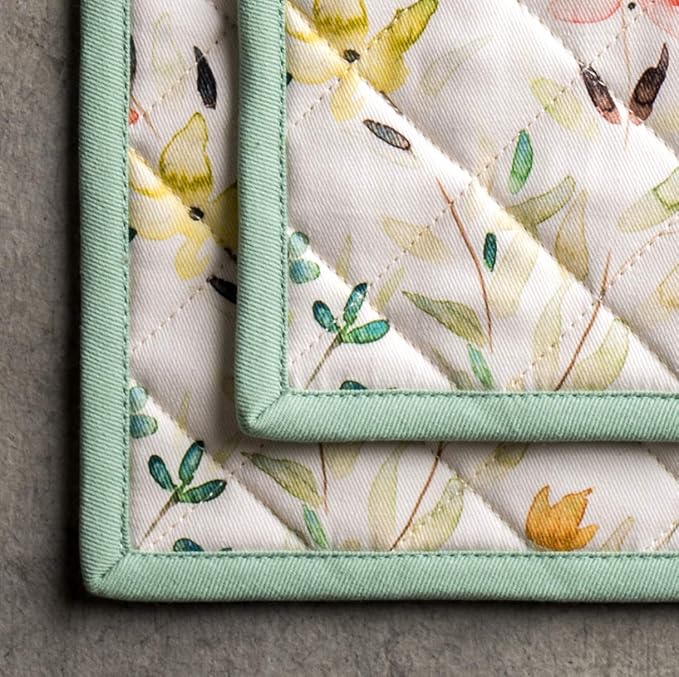 Maison d' Hermine Pot Holders Set 100% Cotton Heat Resistant Potholders 8" x 8" Hot Pads with Loop BBQ, Cooking, Baking, Grilling, Kitchen, Handling Hot Pans Spring/Summer (Pack of 2, Colmar)