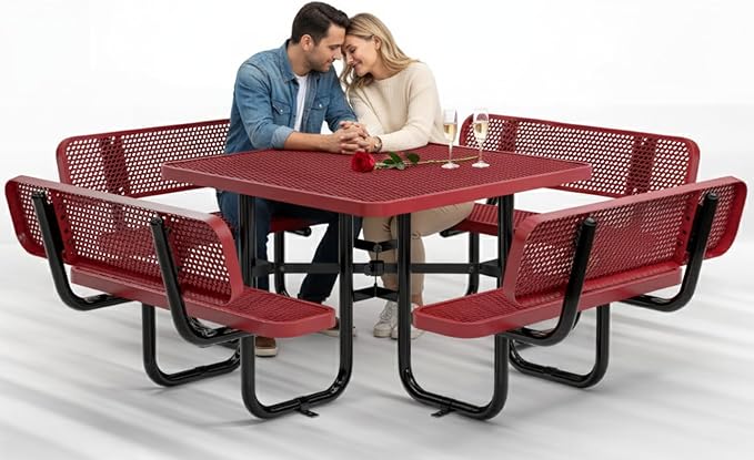 Metal Picnic Tables for Outdoors with Umbrella Hole - Coated Steel Heavy Duty Commercial Grade Furniture with Adjustable Seats (Red, 46 in, Square with Back, Expanded Steel)