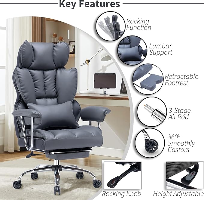 Efomao Big and Tall Office Chair 400lbs – PU Leather Executive Office Chair with Lumbar Support & Leg Rest, Heavy-Duty Computer Chair for Home Office, Dark Grey