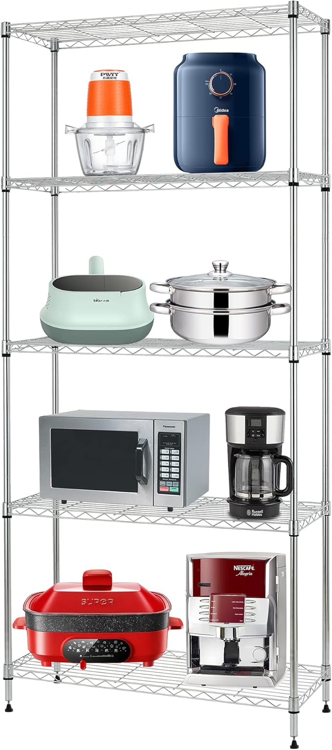FDW 24" L×14" W×60" H Wire Shelving Unit Metal Shelf with 5 Tier Layer Rack Strong Steel for Restaurant Garage Pantry Kitchen Garage,Chrome
