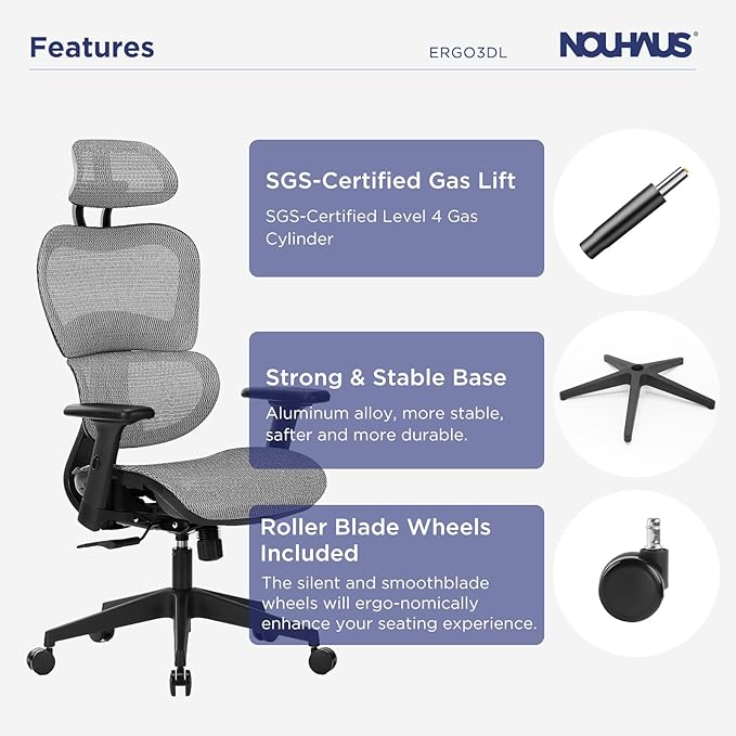 Nouhaus Ergo3dL Home Office Desk Computer Chairs Ergonomic Office Chair High-Back Mesh Rolling Work Chairs with Wheels and Adjustable Headrests Comfortable Lumbar Support Adjustable Armrests,Gray
