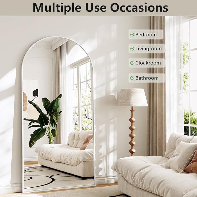Large Full Length Mirror, 30"x71" Arched Floor Mirror Full Length with Stand, Room Decor Big Full Body Mirror with HD Tempered Glass Aluminum Frame for Bedroom Living Room,White