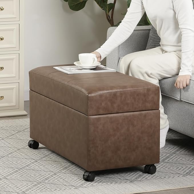 Joveco 32" Leather Storage Ottoman Bench with Wheel, Rectangle Foot Rest Stool for Living Room, Bedroom, Entryway,Earthy Light Brown Veining