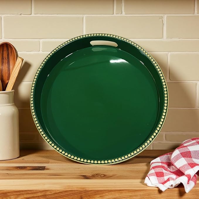 Green Decorative Tray for Coffee Table, Round Beaded Plastic Serving Tray forKitchen Counter, Ottoman, Living Room,(13")
