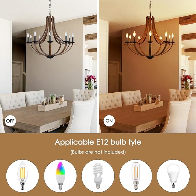 Rustic Chandeliers for Dining Room Light Fixture, 10-Light 35" Adjustable Height Retro Faux Wood Texture Farmhouse Light Fixtures for Living Room Bedroom Foyer Entryway