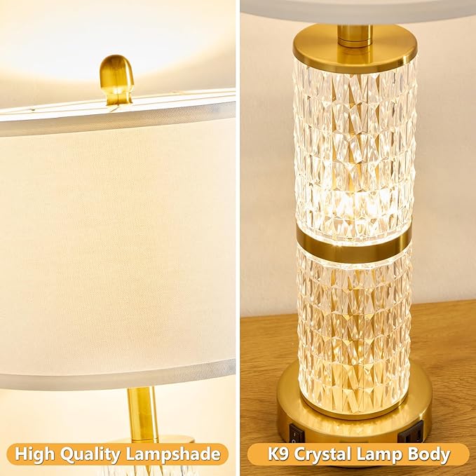 Crystal Table Lamps Modern 3-Way Dimmable Bedside Lamp with 2 USB Ports & AC Outlets for Living Room Bedroom Nightstand Lamp Night Light