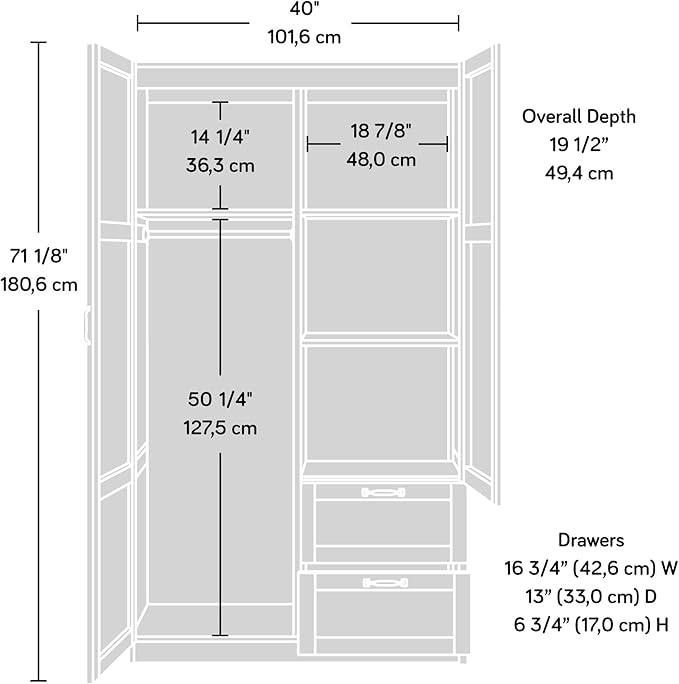 Sauder Select Multipurpose Bedroom Armoire Wardrobe Closet Pantry Storage Cabinet with Storage Drawers and Hanging Rail, in Silver Sycamore