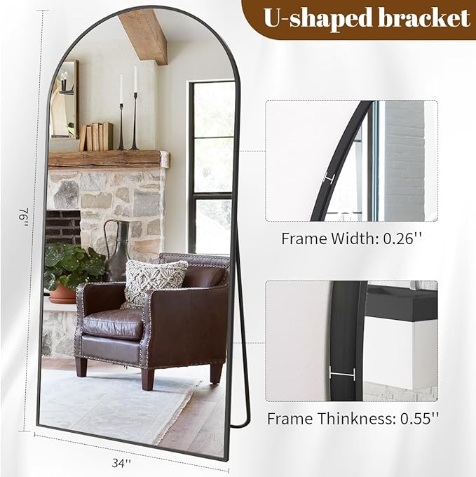 Koonmi 34"x76" Arched Full Length Mirror, Black Large Floor Mirror with Aluminum Alloy Frame Standing Hanging or Leaning Wall-Mounted Full Body Mirror for Living Room and Bedroom