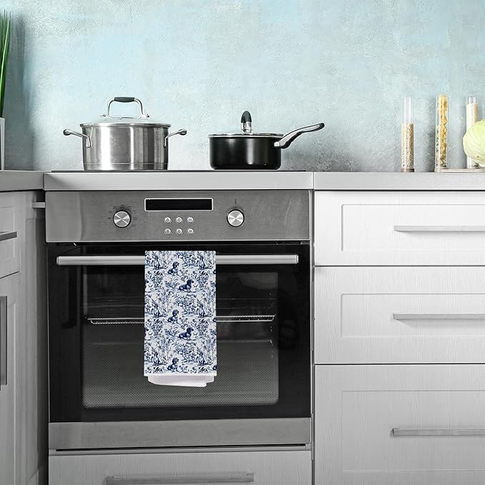 Blue Chinoiserie Dachshund Kitchen Towels, Gifts for Dachshund Lovers, Blue and White Sausage Weiner Dog Dish Tea Towels, Grandmillennial Doxie Dog Hand Towel for Bathroom Kitchen, 16x24 Inch