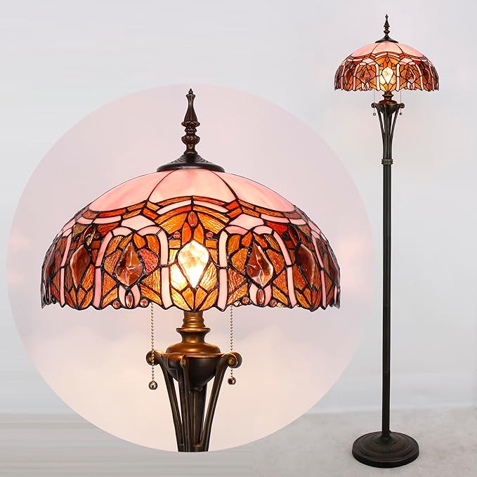 Tiffany Floor Lamp Pink Stained Glass Jewelry Standing Reading Light 16X16X70 Inches Antique Pole Corner Lamp Decor Bedroom Office Living Room
