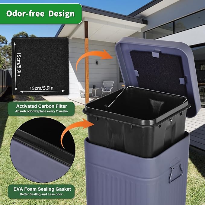 Dog Poop Trash Can with Lid for Outdoors，3.2 Gallon Trash Can with Activated Carbon Filter & Plastic Bags, Pet Waste Container，UP12L-GY-F+90BK