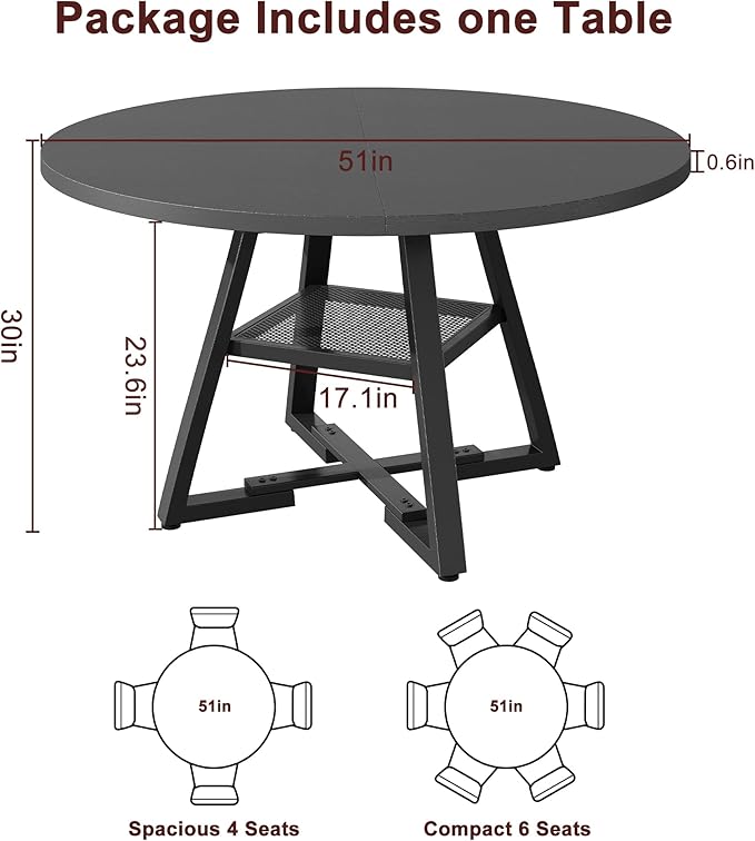51'' Round Dining Table for 6,Kitchen Dining Room Circle Dinner Pedestal Table,Space Saving Wood Kitchen & Dining Room Furniture (Black, 51In)