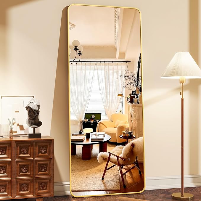 64"x21" Full Length Mirror, Full Body Rounded Corner Rectangle Mirrors with Stand, Standing or Leaning Metal Framed Floor Mirror, Wall Mounted Mirrors Hang Horizontally or Vertically, Gold