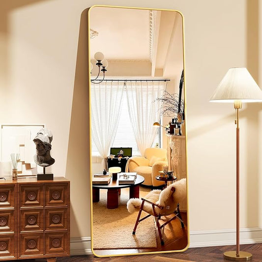 64"x21" Full Length Mirror, Full Body Rounded Corner Rectangle Mirrors with Stand, Standing or Leaning Metal Framed Floor Mirror, Wall Mounted Mirrors Hang Horizontally or Vertically, Gold