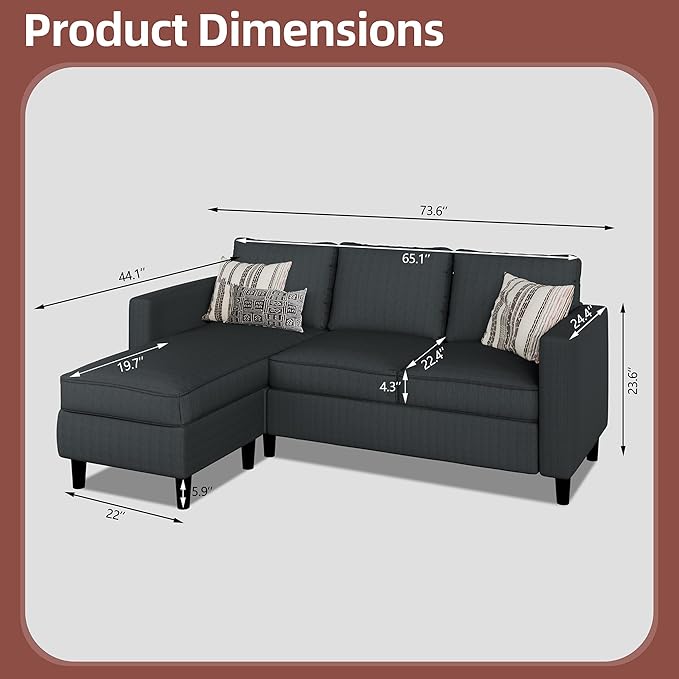 Nuturelly Convertible Sectional Sofa Couch with Movable Ottoman, 3-Seater Modern L-Shaped Sofa for Small Spaces, Soft Fabric Couch for Living Room, Small Apartment & Office(Dark Gray)