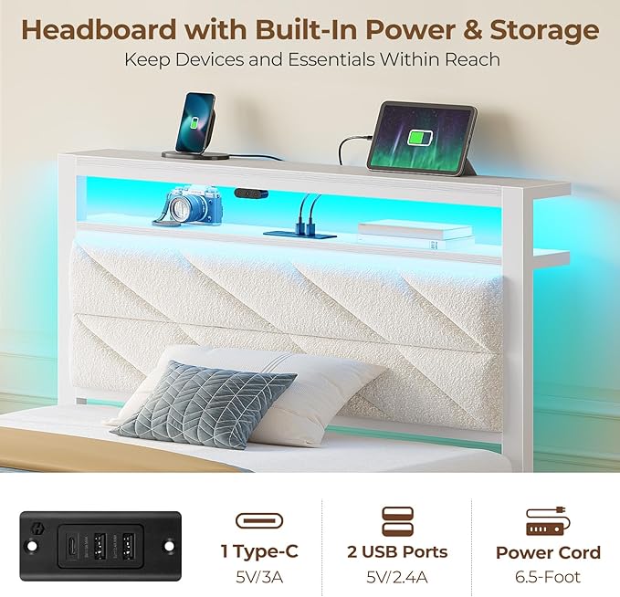 Seventable Twin Bed Frame with 4 Storage Drawers, Charging Station & LED Lights, Upholstered Headboard with 2-Tier Shelves, Metal Platform Bed, No Box Spring Needed, Noise-Free, White